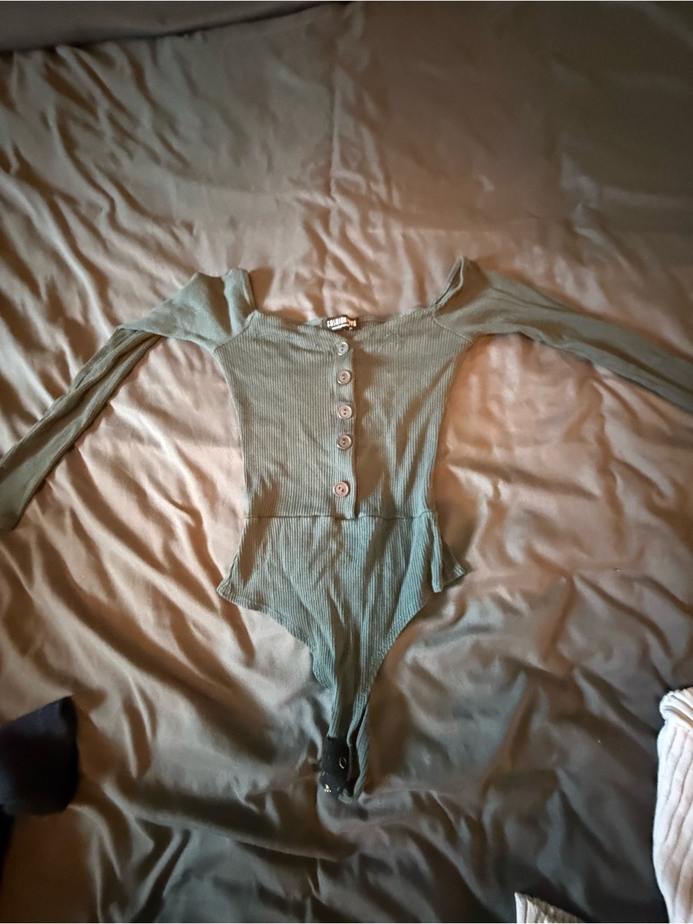 Fashion Nova Olive Green Ribbed Long-Sleeve Button-Up Bodysuit